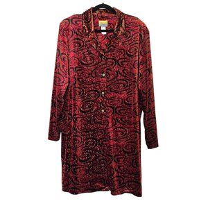 Holiday Party Vintage Red Black Velvet Long Sleeve Button-Down Blouse Tunic